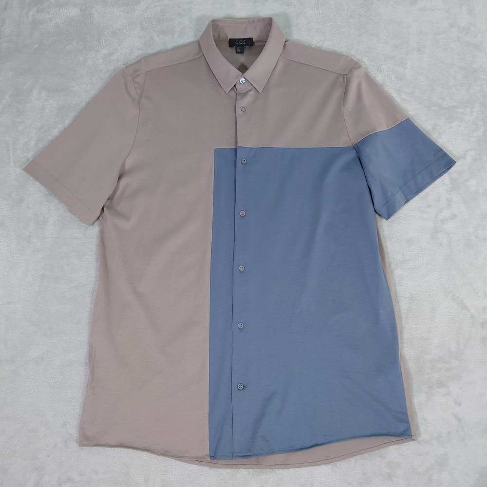 COS Button Up Shirt Mens L Short Sleeve Jersey Cotton Colorblock Beige 0796842